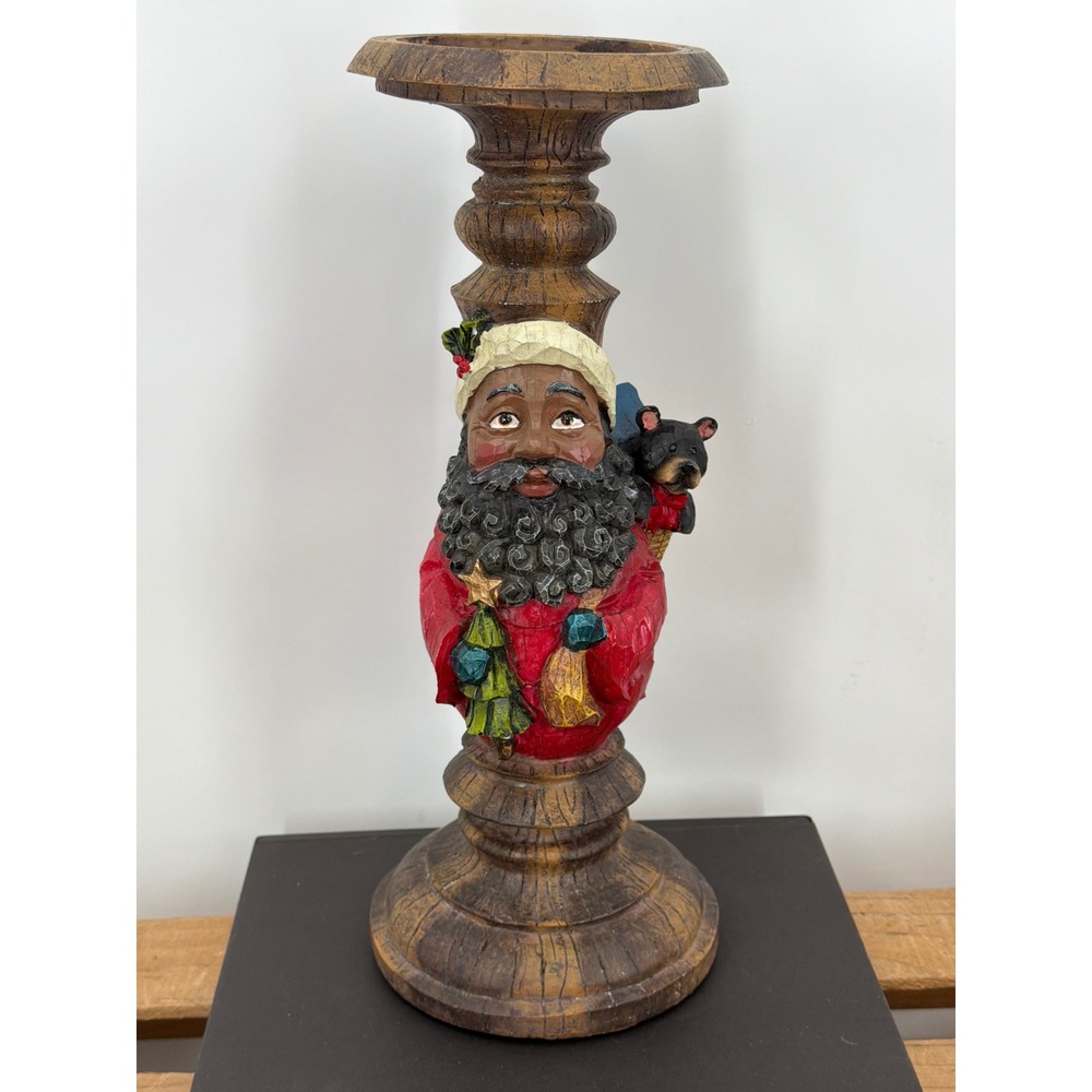 Black Santa Claus Pillar Candle Holder Christmas Folk Art Resin Wood Look 15in